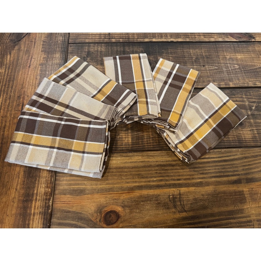 Southern Living Cloth Napkins Yellow Brown Plaid 70s Inspired Set of 6 Retro